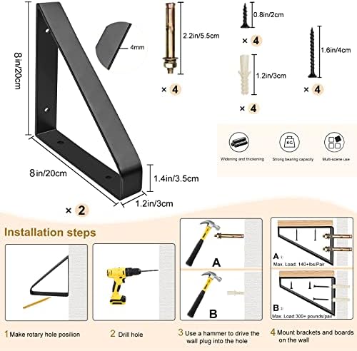 2Pcs Heavy Duty Floating Shelf Brackets with Screws - 300lbs Load Capacity Black
