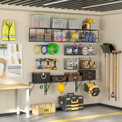 ThreeHio Heavy Duty Wall Mounted Garage Shelf with Wire Baskets