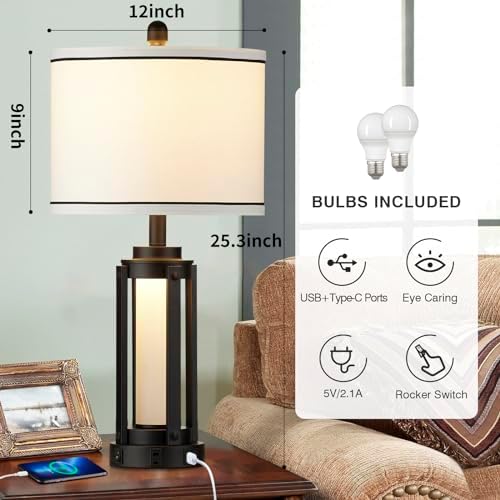 26 Modern Table Lamp with USB Charging and AC Outlet Black Industrial Style