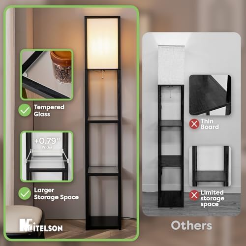 Modern Square Floor Lamp with Shelves and Light Black