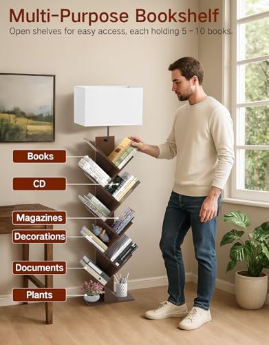 9 Tier Tree Bookshelf with Light Remote Timer Dimmable Floor Lamp