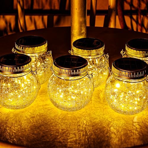 Cooo 6 Pack Crackle Glass Solar Lantern with 30 LED Firefly Lights