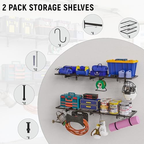 2 Pack Heavy Duty Garage Wall Shelves with 8 Hooks