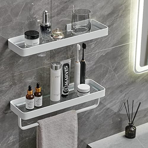 VOLPONE 2 Tier Glass Floating Shelf - Wall Mounted Bathroom Organizer White