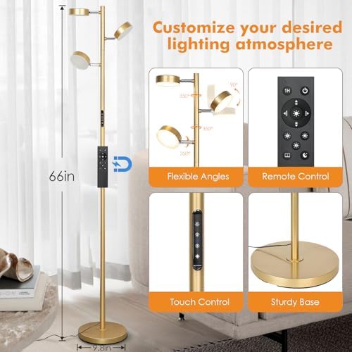 Gold Floor Lamp with 3 Adjustable Heads and Remote Control