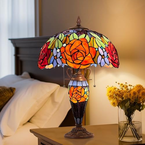 Capulina Tiffany Table Lamp 3-Light Red Yellow Rose Style