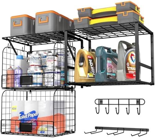 ThreeHio Heavy Duty Wall Mounted Garage Shelf with Wire Baskets