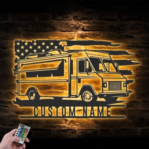 Custom Fast Food Truck US Flag Metal Wall Art LED Light Sign