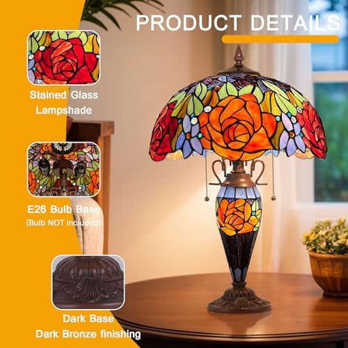 Capulina Tiffany Table Lamp 3-Light Red Yellow Rose Style