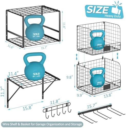 ThreeHio Heavy Duty Wall Mounted Garage Shelf with Wire Baskets