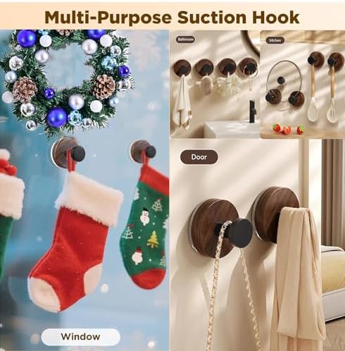 Suction Cup Hooks 4 Pack Walnut for Shower and Door