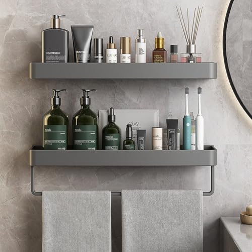 Wall Mounted Bathroom Shelves 2-Tier Floating Shelf with Hooks Gray