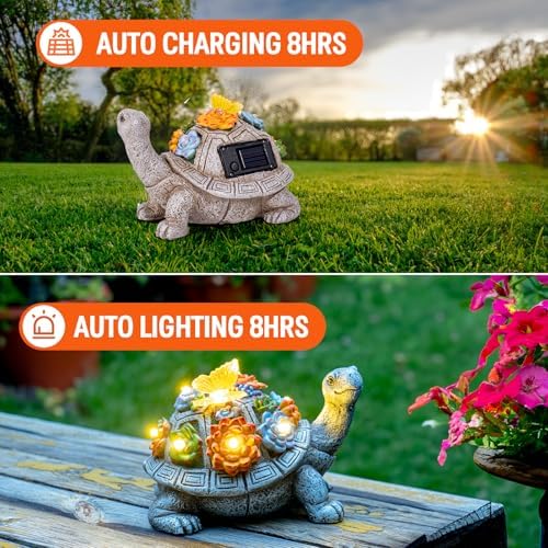 Solar Garden Statues with Succulent and LED Lights - Grey Turtle