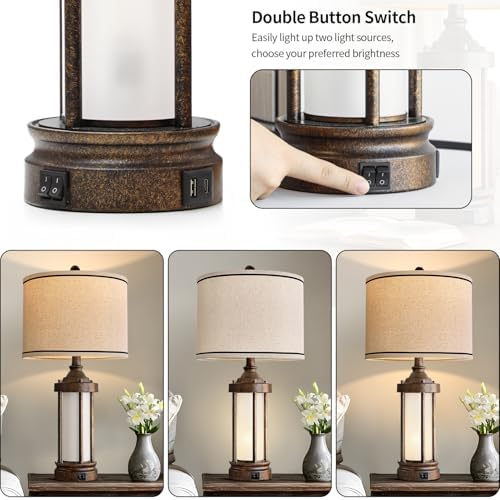 25 Inch Farmhouse Table Lamp with 2 USB Ports and 2 Bulbs