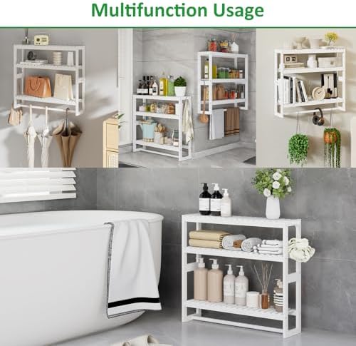 3-Tier Adjustable Bamboo Bathroom Shelf with Hooks