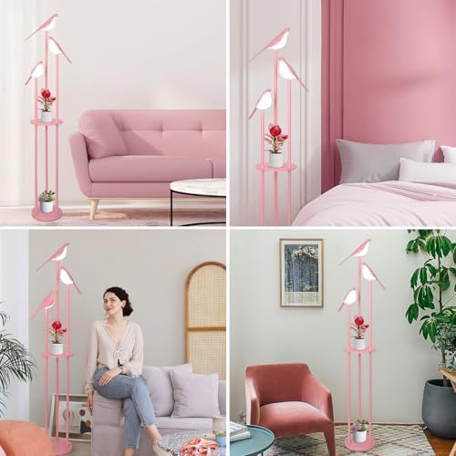 Pink Bird Floor Lamp with Shelves and 3 Lights