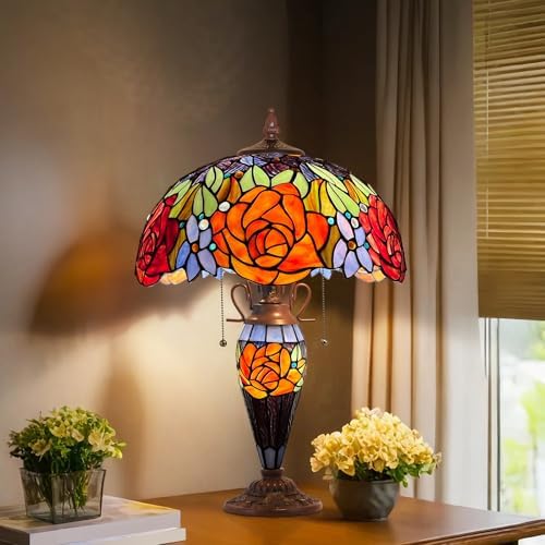 Capulina Tiffany Table Lamp 3-Light Red Yellow Rose Style