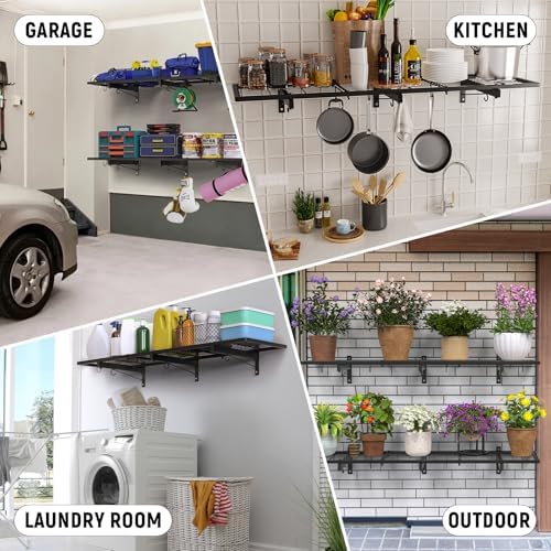 2 Pack Heavy Duty Garage Wall Shelves with 8 Hooks
