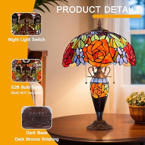 Capulina Tiffany Table Lamp 3-Light Red Yellow Rose Style