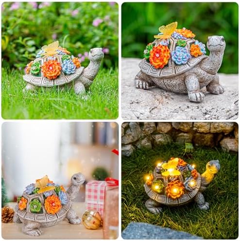 Solar Garden Statues with Succulent and LED Lights - Grey Turtle