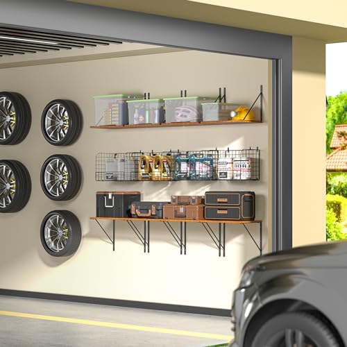 ThreeHio 2 Pack Garage Wall Shelves with Wire Baskets and Hooks