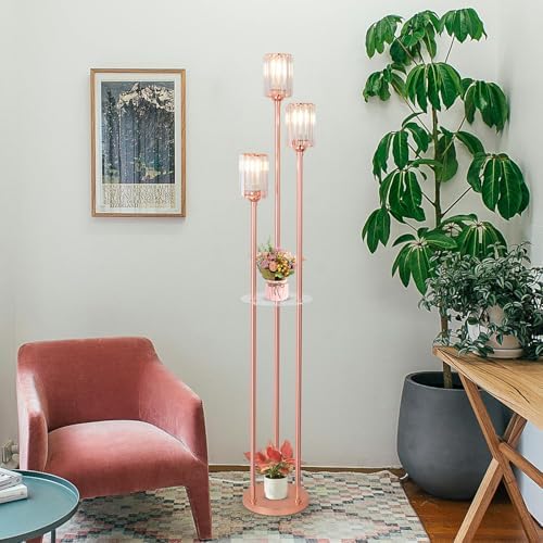 HMVPL Pink Floor Lamp with Shelves and Crystal Shade