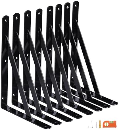 8-Pack 12 Inch Heavy Duty Shelf Brackets Black Powder-Coated Steel