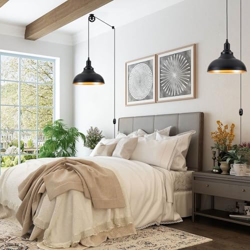 Black Pendant Light Hanging Lamp 2 Pack with Dimmer and Adjustable Pulley