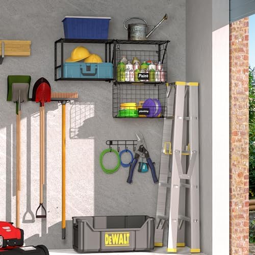 ThreeHio Heavy Duty Wall Mounted Garage Shelf with Wire Baskets