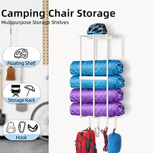 Camping Chair Wall Storage Rack with 4 Hooks and Floating Shelf