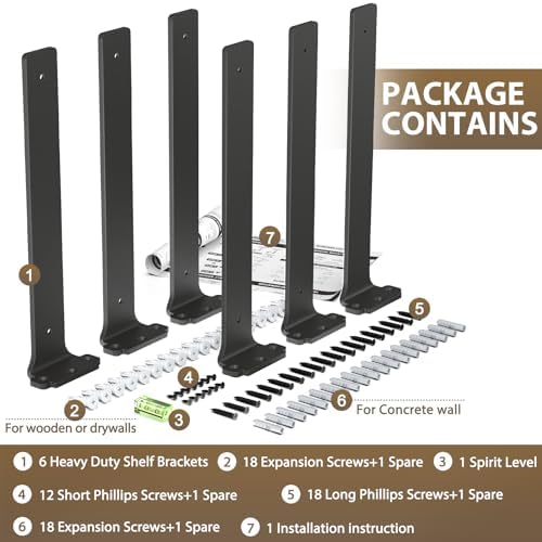 Goovilla 12 Inch Floating Shelf Brackets 6 Pack Heavy Duty Black Metal