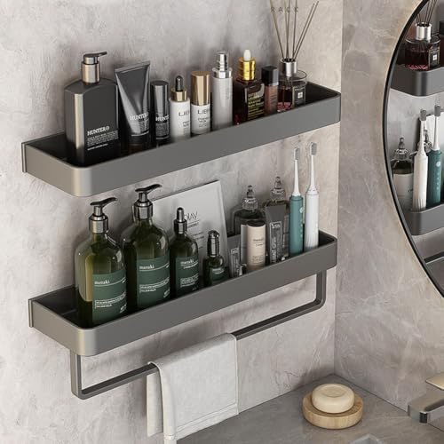 Wall Mounted Bathroom Shelves 2-Tier Floating Shelf with Hooks Gray