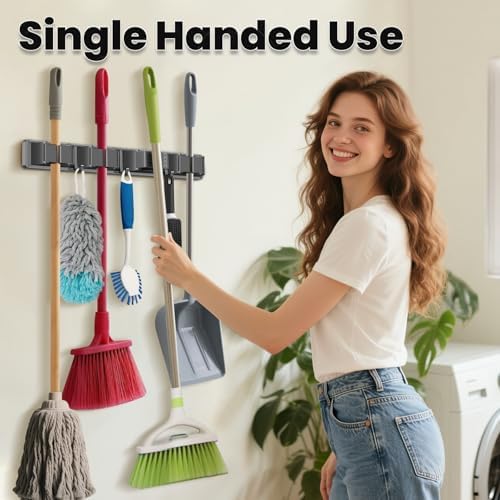 Broom Holder Wall Mount with 4 Racks and 3 Hooks