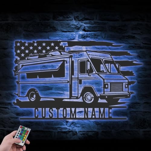 Custom Fast Food Truck US Flag Metal Wall Art LED Light Sign