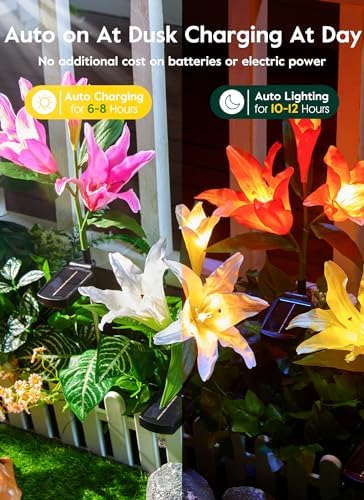 Brightown Solar Garden Lights 4 Pack Realistic Lily Flower Path Lights