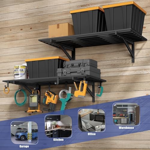 2-Pack 2x4ft Wall Mounted Garage Shelves with Hooks
