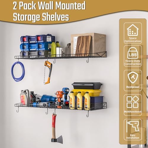 2 Pack Heavy Duty Wall Shelf With 4 Hooks