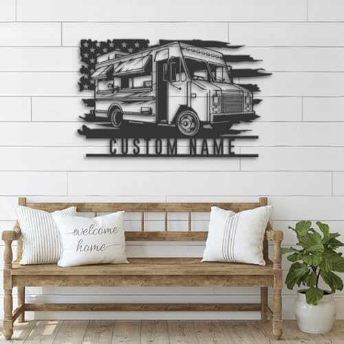 Custom Fast Food Truck US Flag Metal Wall Art LED Light Sign