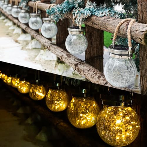 Cooo 6 Pack Heavy Crackle Glass Solar Lantern with 30 LED Firefly Lights