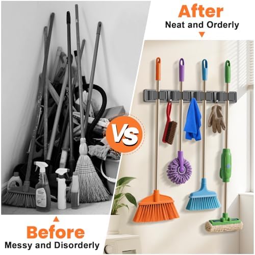 Broom Holder Wall Mount with 4 Racks and 3 Hooks