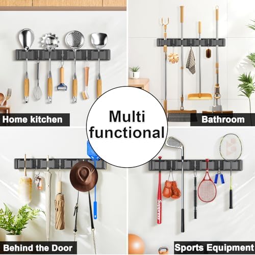 Broom Holder Wall Mount with 4 Racks and 3 Hooks