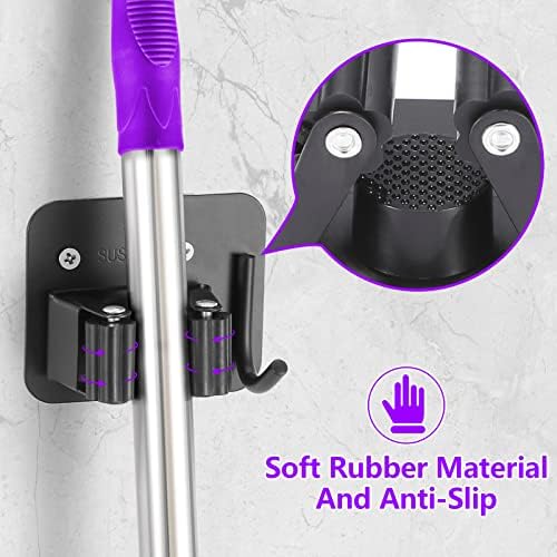 Stainless Steel Broom Holder - 4 Hook Positions Black