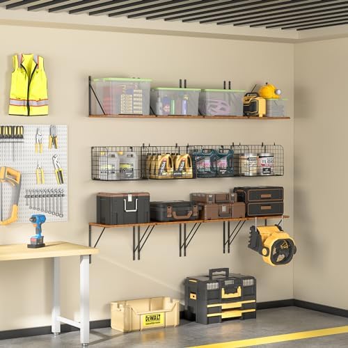 ThreeHio 2 Pack Garage Wall Shelves with Wire Baskets and Hooks