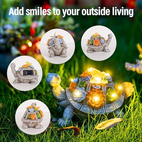 Solar Garden Statues with Succulent and LED Lights - Grey Turtle