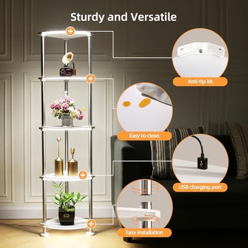 5-Tier Floor Lamp with Charging Station and RGB Lighting