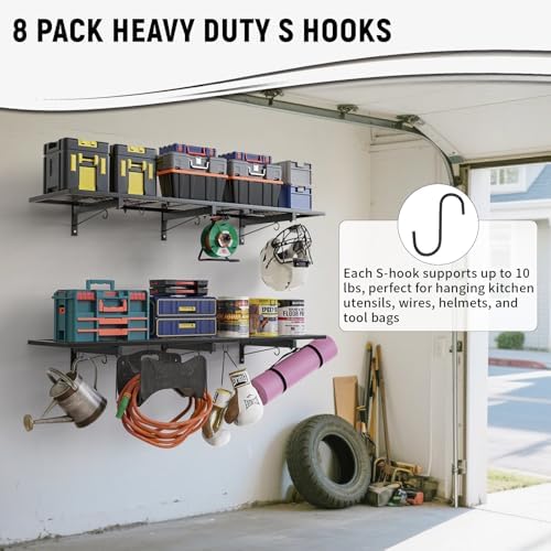 2 Pack Heavy Duty Garage Wall Shelves with 8 Hooks