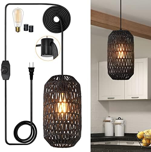 Dimmable Plug In Pendant Light with 15ft Black Cord
