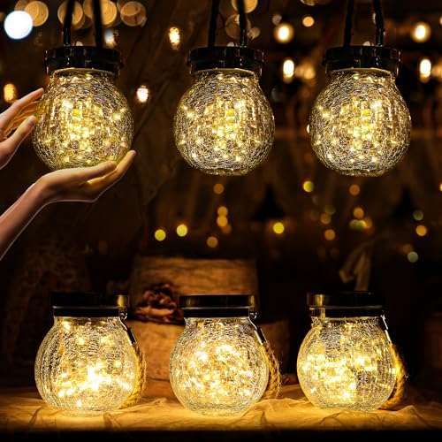 Cooo 6 Pack Heavy Crackle Glass Solar Lantern with 30 LED Firefly Lights