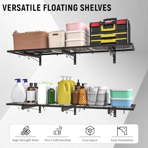 2 Pack Heavy Duty Garage Wall Shelves with 8 Hooks