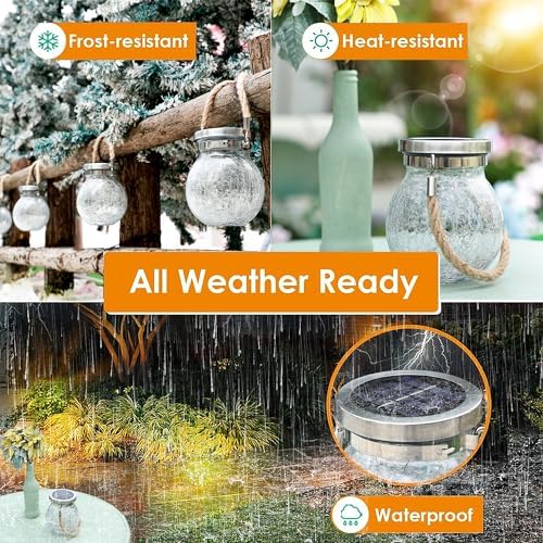 Cooo 6 Pack Heavy Crackle Glass Solar Lantern with 30 LED Firefly Lights